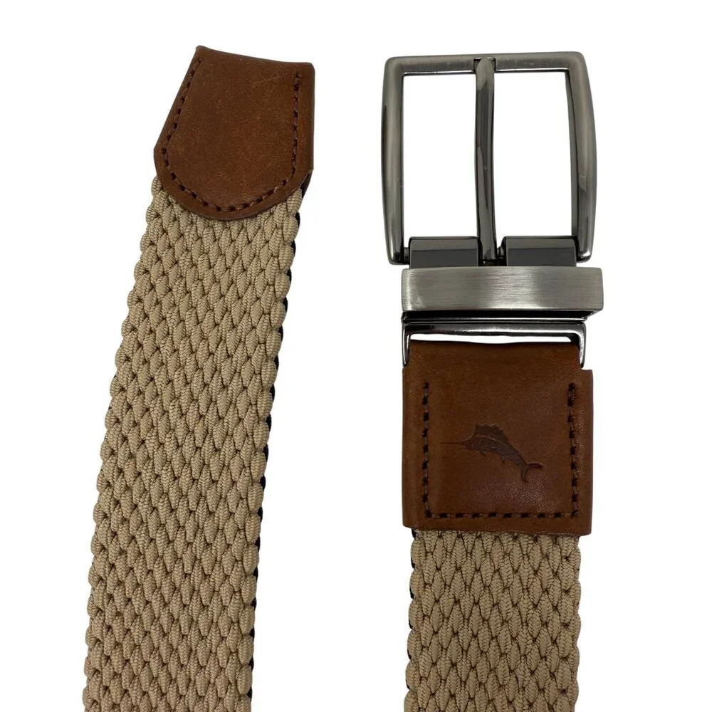 Tommy Bahama Mens Stretch Woven Belt Leather Trim L/XL (38-42) Tan Taco